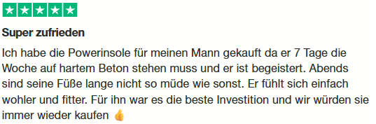 Trustpilot-Bewertung mit 5 Sternen: Super zufrieden – Füße abends nicht mehr so müde