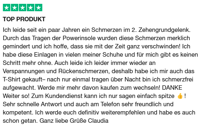 Trustpilot-Bewertung mit 5 Sternen: Top Produkt, Schmerzen merklich gemindert, Kundendienst spitze