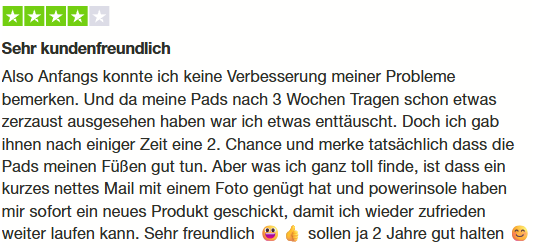 Trustpilot-Bewertung: Sehr kundenfreundlich – Pads tun meinen Füßen gut